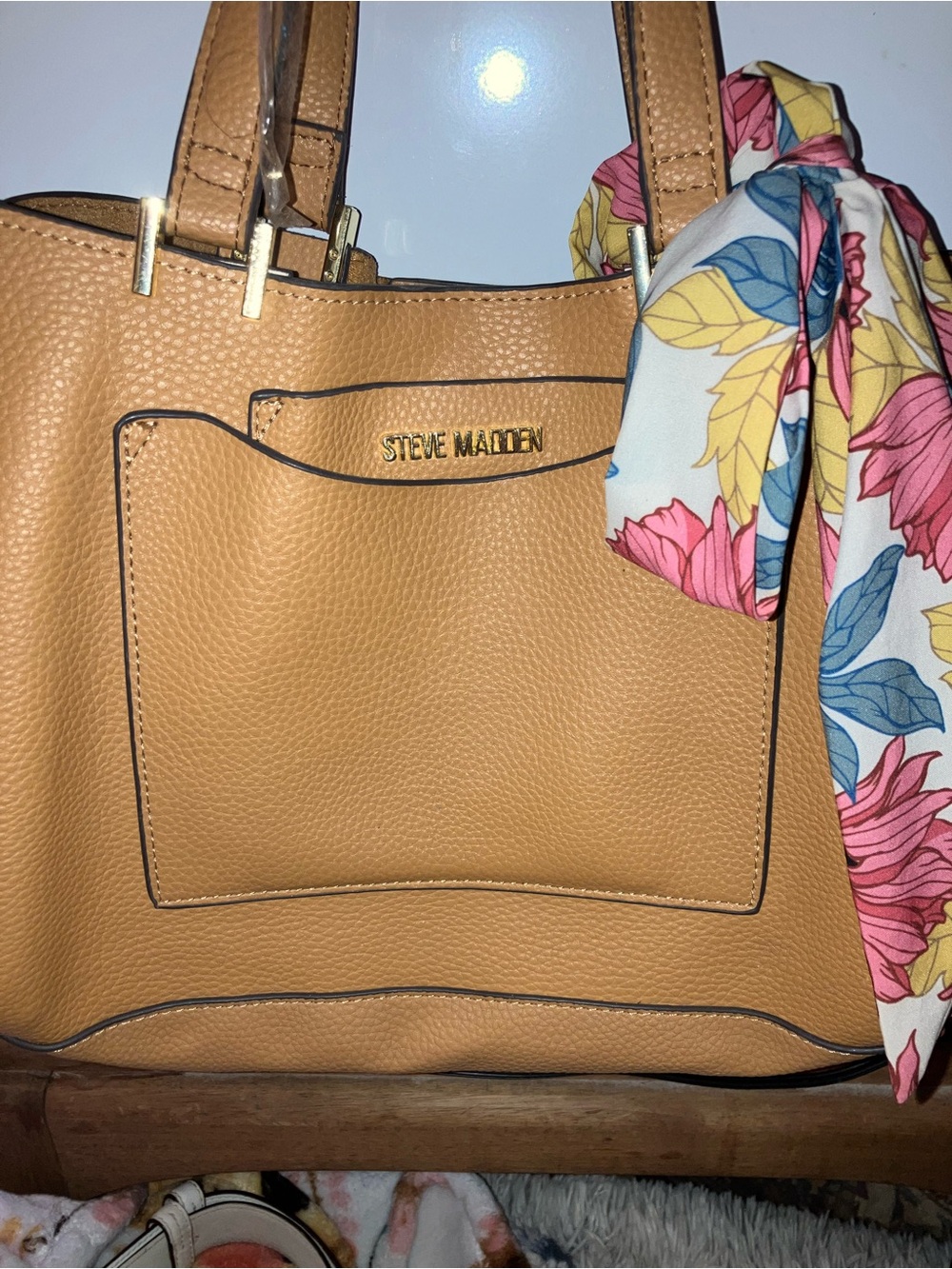 Steve Madden Tan Pebbled Tote with Floral Accent Scarf